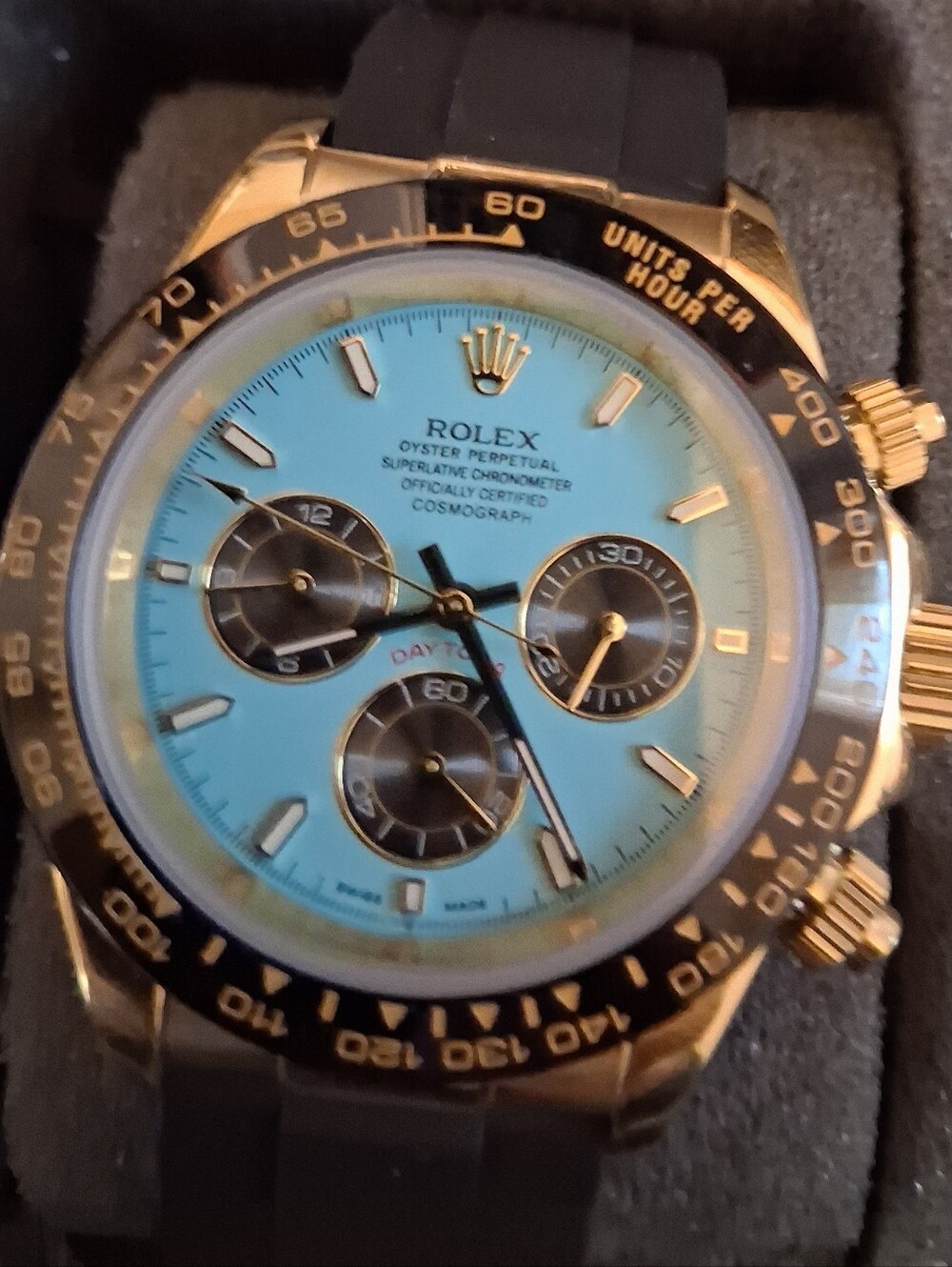 Men's Luxury Tiffany Blue Dial Chronograph Watch with Black Strap Automatic - Picture 10 of 12